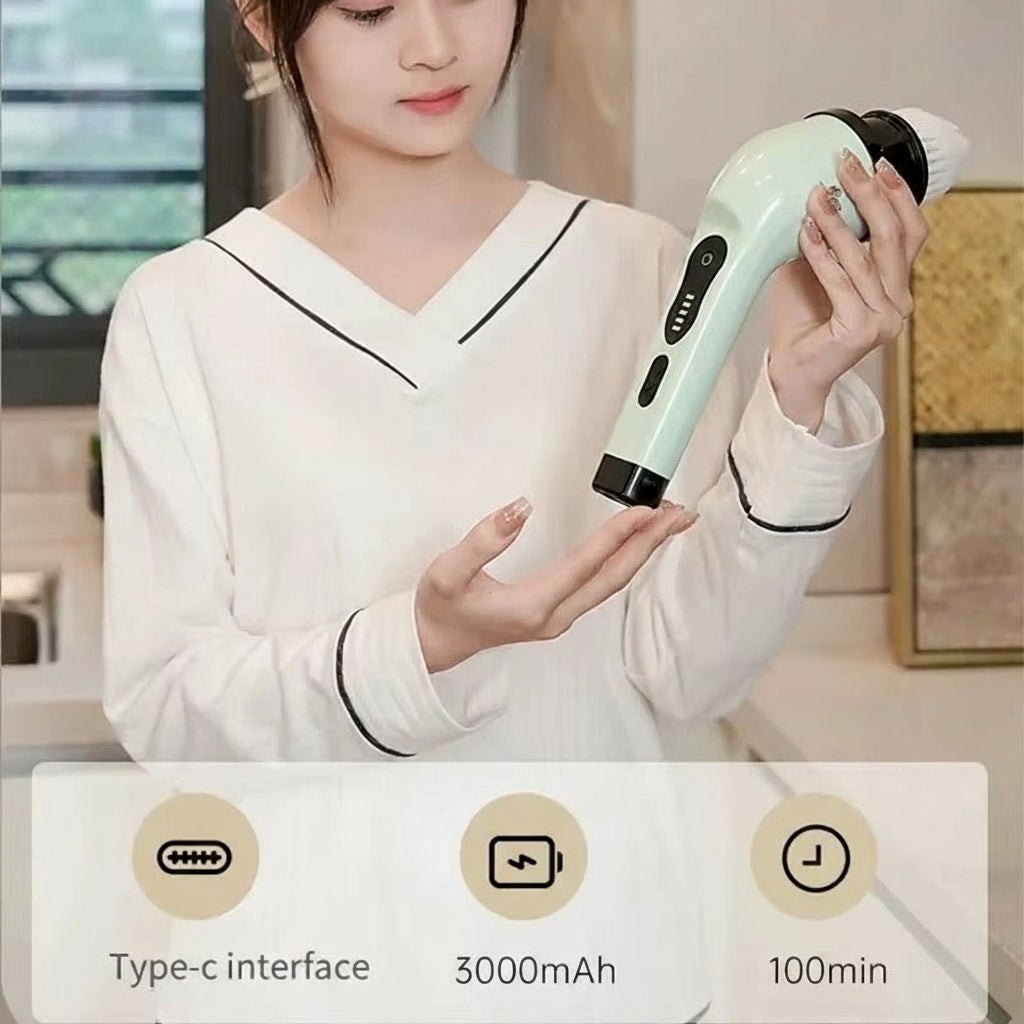 Person holding a handheld electronic device with LED display screen, Type-C interface, 3000mAh battery, and 100min runtime.
